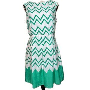 Pink‎ Owl Chevron Retro Mod Style Ivory & Green Pleated Flair Dress In Size M